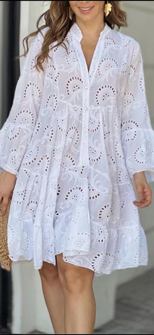 Spot 2023 European and American cross-border spring and summer Amazon solid color V-neck loose embroidery hollow lace dress